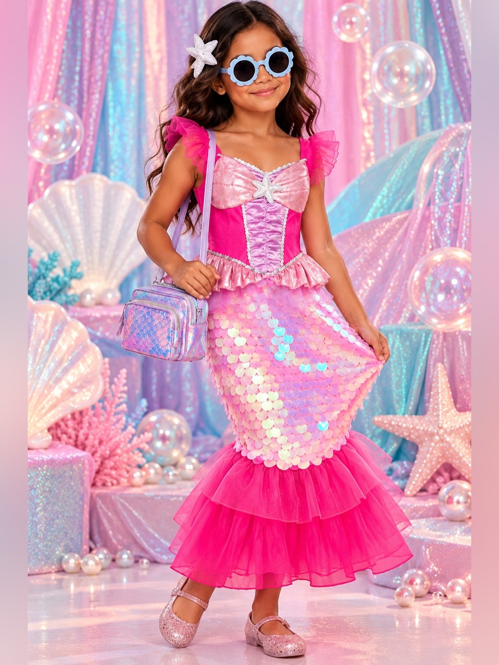 Kids Mermaid Costume L 10-12 + Purse & Sunglasses 3-Piece